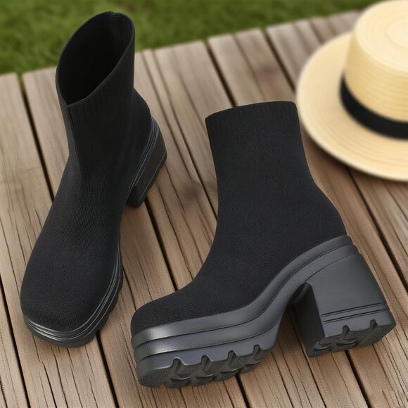 ⚡Women Black Knit Square Toe Stretch Soft Block High Heel Punk Dress Sock Boots - Picture 5 of 6
